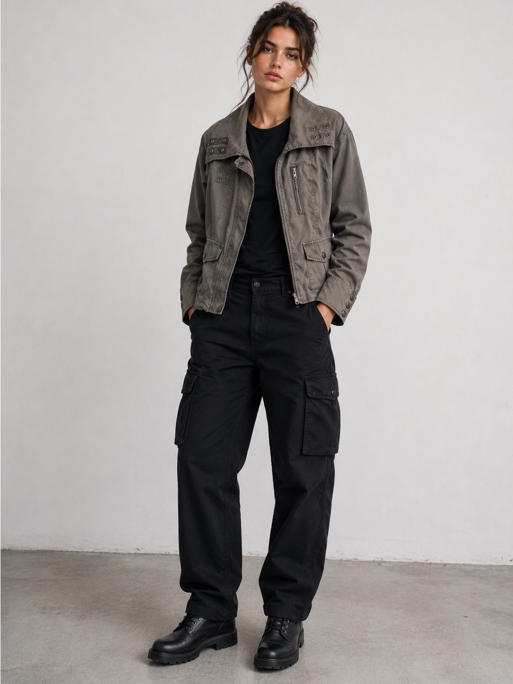 Women’s Trouvé Nordstrom Gray Cotton Canvas Military Utility Jacket Size Large